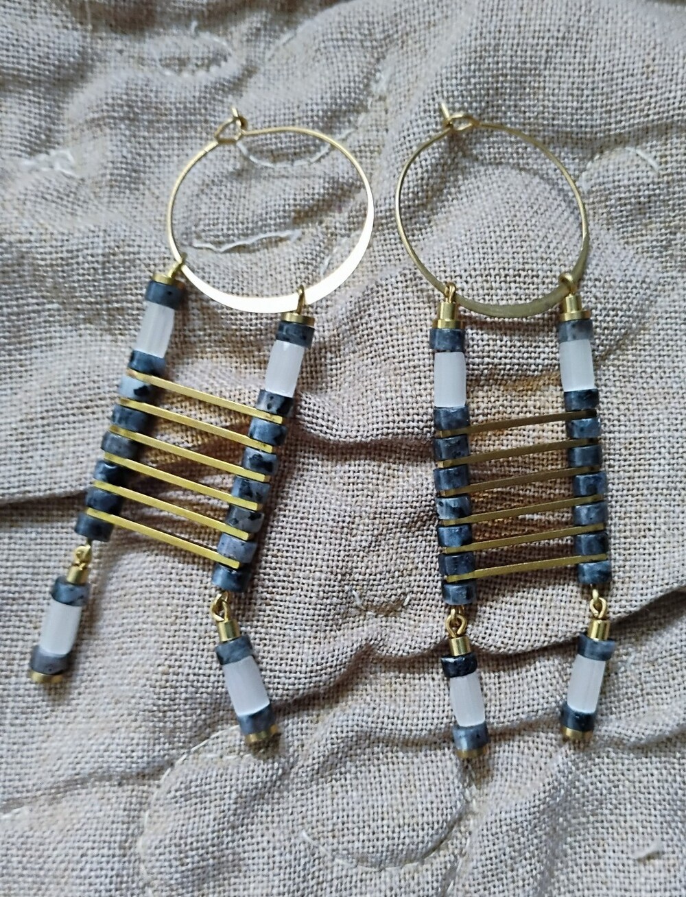 Handmade Black Moonstone and Glass 'Ladder' Hoops